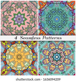 Seamless mandala patterns set, repeating texture for textile fabric, paper print. Colorful doodle background with geometric and floral elements. Tribal ethnic ornament for scarf, shawl, hijab design