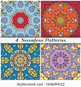 Seamless mandala patterns set, repeating texture for textile fabric, paper print. Colorful doodle background with geometric and floral elements. Tribal ethnic ornament for scarf, shawl, hijab design