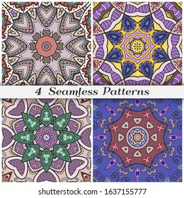 Seamless mandala patterns set, repeating texture for textile fabric, paper print. Colorful doodle background with geometric and floral elements. Tribal ethnic ornament for scarf, shawl, hijab design