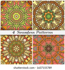 Seamless mandala patterns set, repeating texture for textile fabric, paper print. Colorful doodle background with geometric and floral elements. Tribal ethnic ornament for scarf, shawl, hijab design