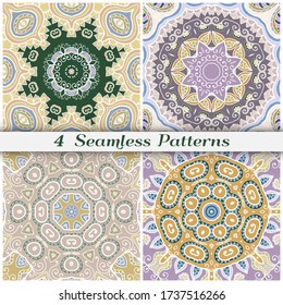 Seamless mandala patterns set, repeating texture for textile fabric, paper print. Colorful doodle background with geometric and floral elements. Tribal ethnic ornament for scarf, shawl, hijab design