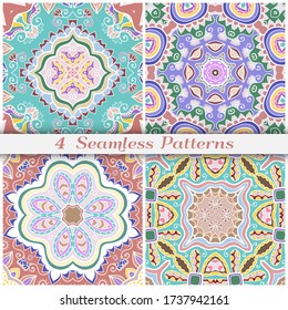 Seamless mandala patterns set, repeating texture for textile fabric, paper print. Colorful doodle background with geometric and floral elements. Tribal ethnic ornament for scarf, shawl, hijab design
