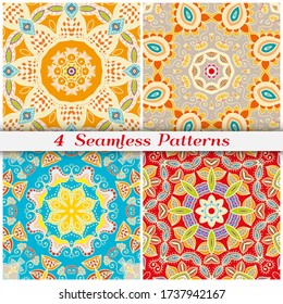Seamless mandala patterns set, repeating texture for textile fabric, paper print. Colorful doodle background with geometric and floral elements. Tribal ethnic ornament for scarf, shawl, hijab design