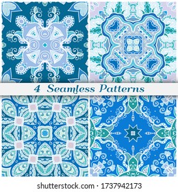 Seamless mandala patterns set, repeating texture for textile fabric, paper print. Colorful doodle background with geometric and floral elements. Tribal ethnic ornament for scarf, shawl, hijab design