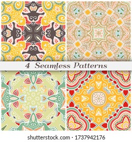 Seamless mandala patterns set, repeating texture for textile fabric, paper print. Colorful doodle background with geometric and floral elements. Tribal ethnic ornament for scarf, shawl, hijab design