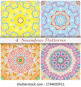 Seamless mandala patterns set, repeating texture for textile fabric, paper print. Colorful doodle background with geometric and floral elements. Tribal ethnic ornament for scarf, shawl, hijab design