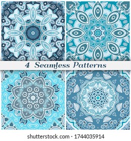 Seamless mandala patterns set, repeating texture for textile fabric, paper print. Colorful doodle background with geometric and floral elements. Tribal ethnic ornament for scarf, shawl, hijab design