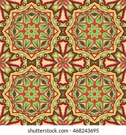 Seamless Mandala. Zentangl. Seamless ornament for creativity. Oriental motifs. Relax, meditation. Flower. Red, yellow and green colors