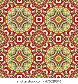 Seamless Mandala. Zentangl. Seamless ornament for creativity. Oriental motifs. Relax, meditation. Flower. Red and green colors