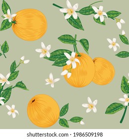 Nahtloses Mandarin mit Mandarinblättern und Blumenmustern für Stoffdrucke, Tapeten und Hintergrund