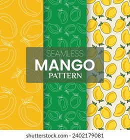 Paquete combinado sin mango para jugo de mango, gelatina, nivel de tarro de pepinillo o cualquier diseño de embalaje.  Patrón de fruto de mango con hojas de diferentes estilos, ilustración de vector dibujado a mano Diseño plano. 