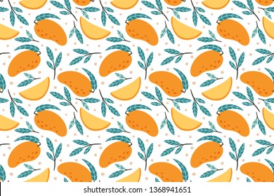 Seamless mango pattern. Hand drawn doodle gourmet sweet mangoes. Juicy sweet tropical exotic mango fruit wrapping paper vector background illustration