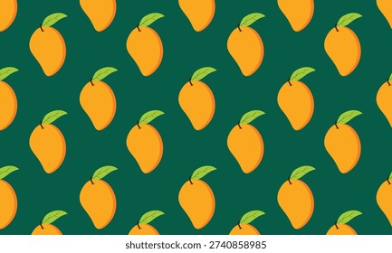 Seamless mango pattern on a dark green background. Tropical summer design featuring fresh mangos arranged in a repeating layout.