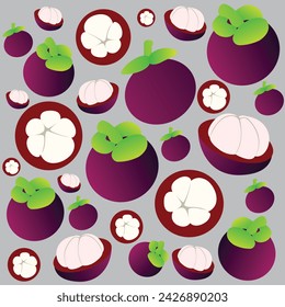 Seamless mangosteen fruit pattern. Exotic fruit watercolor vector illustration.