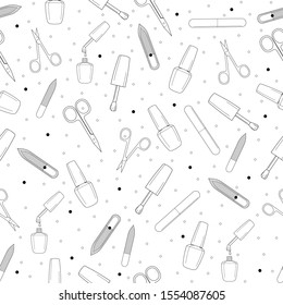 Seamless manicure set pattern. Nail file, buff, nail polish with a brush, open and closed scissors. Isolated. Design for banner, flyer, poster or print, websites, web design, mobile app.