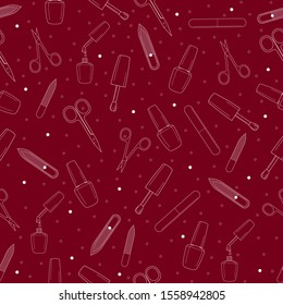 Seamless manicure set pattern. Nail file, buff, nail polish with a brush, open and closed scissors. Isolated. Design for banner, flyer, poster or print, websites, web design, mobile app.