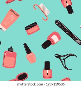 Patrón de las herramientas de manicura sin foco. Concepto de arte de uñas con esmalte, crema de mano, pimienta cutícula, clavija de uñas, cepillo. Ilustración del vector