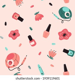 Seamless manicure tools pattern. Nail art concept with polish, drill, flowers, nail clipper. Vector illustration