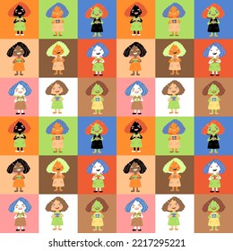 Seamless many colored children pattern. Green and red cartoon kindergarten girls squared background. For child textile and wrapping or gift paper. Cover books.