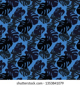 Seamless Many Dark Monstera Leafs Royal Blue Background Vector Pattern