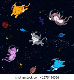 Seamless many little cute space cats pattern with stars and planets