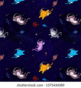 Seamless many little cute space cats pattern with stars and planets
