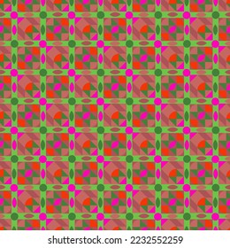 Seamless manycolored kaleidoscope pattern. Colorful repeating red green background. Ornamental geometric textile print on pink.