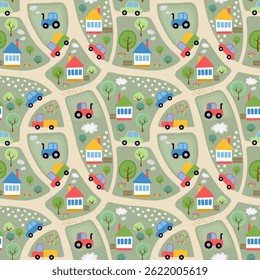 Seamless map for children's carpet, bed linen with crossroads, roads, trees, houses, cars, trucks and tractors in vector. Beautiful print for fabric for babies.