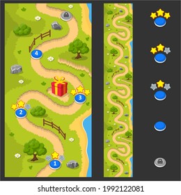 Seamless map for a mobile game. Vertical seamless background map pattern for arcade, match 3 or any other app. Sprite asset with level map for game development. Design of plain grass map