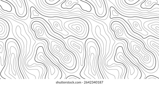 Padrão de mapa contínuo com linhas topográficas e plano de fundo de contorno abstrato. Textura de montanha vetorial de terreno orgânico e curvas de elevação geográficas. Trilha de caminhada de grãos de madeira e ondas monocromáticas