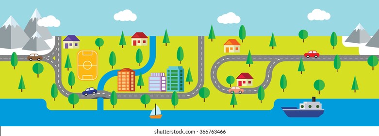 Seamless map of small town and countryside with buildings, roads, forests, sea and mountains. Flat design