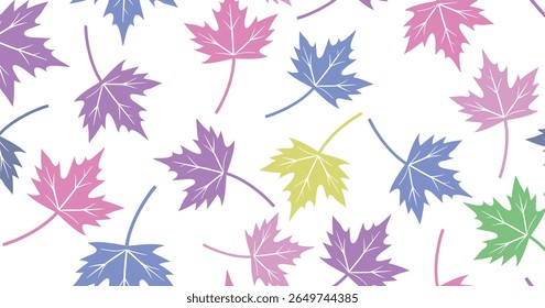 Seamless maple leaf pattern with vibrant multicolor foliage on white background, ideal for seasonal wrapping, kids fabric, autumn party paper crafts, and cheerful surface designs.
