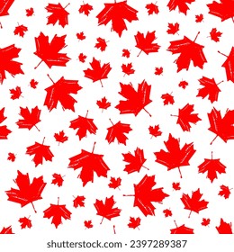 Seamless maple leaf vector pattern. Hand-painted red maple leaf of different sizes. Design elements for Canada Day postcards. Beautiful abstract background.