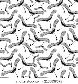 Seamless Maple Seed Pattern In Sketch Style. Silhouettes On White Background. Leaves In The Shape Of Helicopter Blades. Autumn. Monochrome. Mystical Skeletons Of Leaves. 