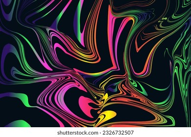 Diseño de Mármol sin manchas con líneas de colores psicodélicos en colores naranja, verde y rosa. Ilustración Trippy Estilo 70. Aceite de patrón abstracto para pancarta, afiche, cubierta, tarjeta.