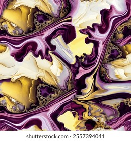 Seamless marble pattern with pink, purple and yellow hand drawn art abstract brush drawing marbling art background elements