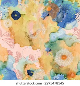Seamless marble pattern with yellow and blue floral background elements. Abstract marbling art design with watercolor texture