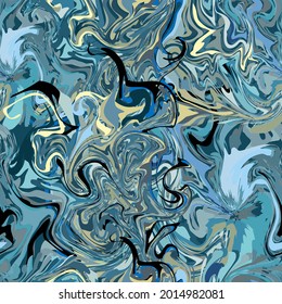 Seamless marble texture in blue, black and yellow stains. Vector.