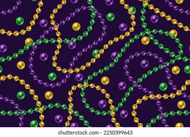 Seamless Mardi Gras pattern with beads, strings beads on dark background. Wavy lines. Vector illustration