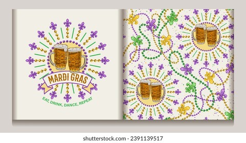 Seamless Mardi Gras pattern, circular composition with full glasses of beer, strings of beads, trinket, Fleur de Lis sign. Festive holiday design on white textured background. Not AI