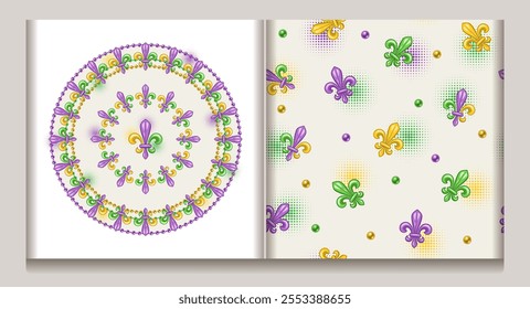 Seamless Mardi Gras pattern, circular composition with fleur de lis symbol, beads, halftone shapes. White background. Vintage style