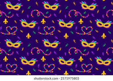 Seamless Mardi Gras pattern with colorful masks beads and fleurdelis on a dark background