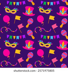 Seamless Mardi Gras pattern with colorful masks beads and maracas on a dark background