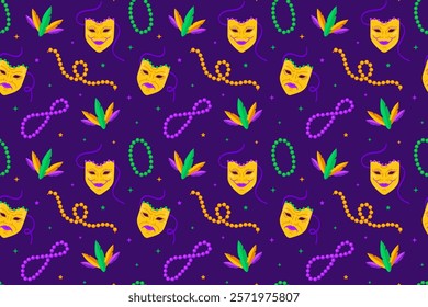 Seamless Mardi Gras pattern with colorful masks beads on a dark background