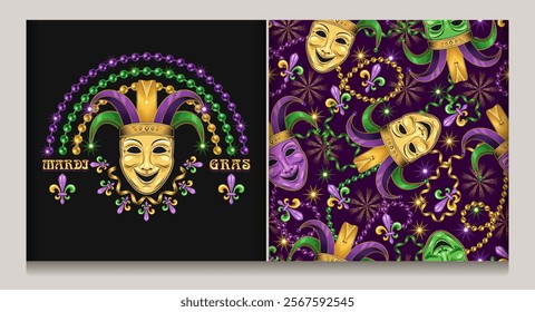 Seamless Mardi Gras pattern with comedy mask in jester hat, strings of beads, streamer ribbons, Fleur de Lis sign, stars. Rainbow shaped composition made with bead strings, mask in harlequin hat