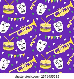 Seamless Mardi Gras pattern with comedy and tragedy masks, drums, trumpets, streamers, and colorful bunting on a vibrant purple background