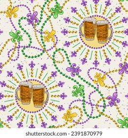 Seamless Mardi Gras pattern with full glasses of beer, strings of beads, trinket, Fleur de Lis sign. Festive holiday design on white textured background. Not AI