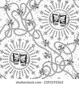 Seamless Mardi Gras pattern with full glasses of beer, strings of beads, trinket, Fleur de Lis sign. Festive holiday design on white textured background. Not AI