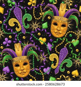 Seamless Mardi Gras pattern with golden Jester venetian mask, beads, streamer ribbons, card suits icons, trinket, Fleur de Lis sign. Randomly scattered objects. Festive holiday design. Vintage style