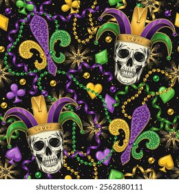 Seamless Mardi Gras pattern with human skull in jester hat, beads, streamer ribbons, card suits icons, trinket, Fleur de Lis sign. Randomly scattered objects. Festive holiday design. Vintage style